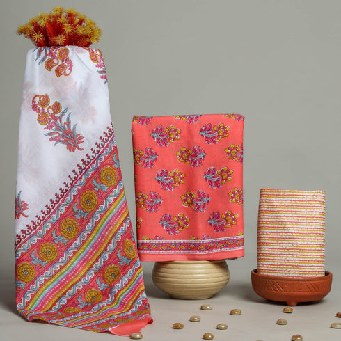 Designer Hand Block Print Cotton Suit Set with Mulmul Dupatta (PRMUL69)